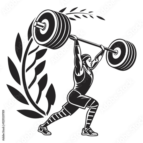 Vector Weightlifting Champion: A powerful illustration of a weightlifter pushing through a heavy lift, surrounded by a laurel wreath, symbolizing strength, determination, and victory.