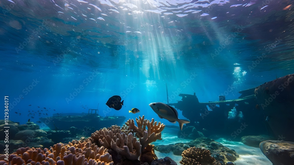 Underwater Diver Surrounded by Coral Reef Fish and a Turtle Underwater Diver Surrounded by Coral Reef Fish and a Turtle