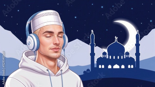 A young man listening with headphones and mosque silhouette in the background photo