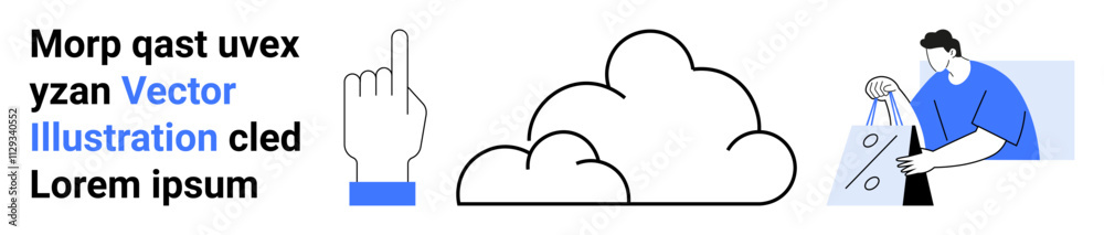 Hand pointing upwards, simple cloud illustration, person carrying grocery bags. Ideal for app interface, e-commerce, weather apps, shopping promotions, educational content lifestyle blogs. Landing Hand pointing upwards, simple cloud illustration, person carrying grocery bags. Ideal for app interface, e-commerce, weather apps, shopping promotions, educational content lifestyle blogs. Landing