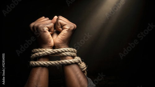 Bound hands in rope highlighting Human Trafficking Awareness. Highlights the need to combat exploitation concept. Ideal for activism and social campaigns photo