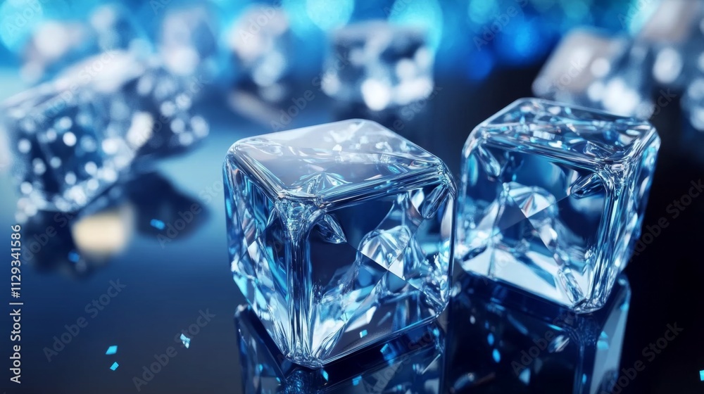 Close-up of Sparkling Ice Cubes; Stunning Blue Ice Cubes Close-up of Sparkling Ice Cubes; Stunning Blue Ice Cubes