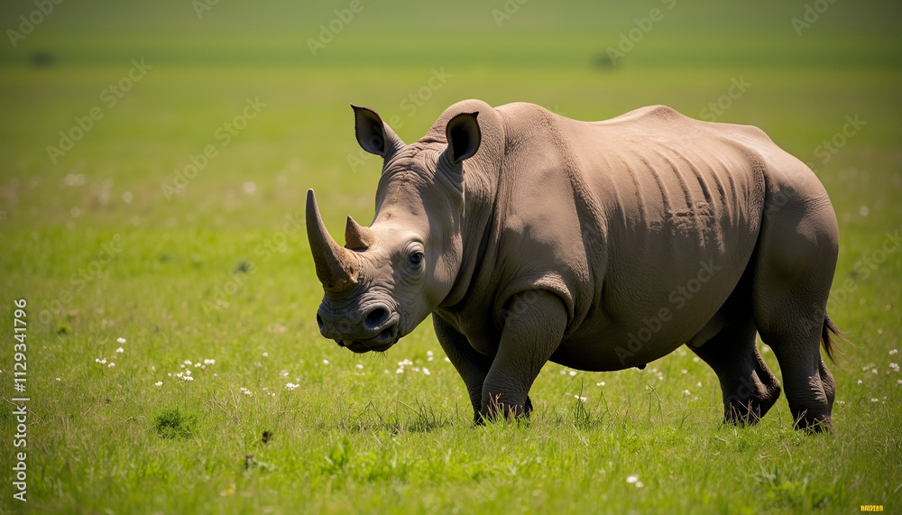 Fototapeta premium Rhino walking proudly across sunny green grassland in natural habitat