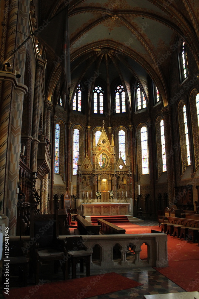 Gothic style altar and Interior of Matthias Church (Matyas-Templom), UNESCO World Heritage Site, Buda, Budapest, Hungary, Europe. Interior of Matthias