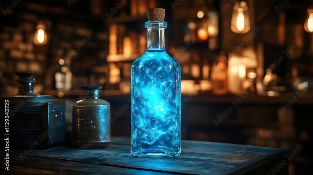 A bottle of blue liquid is on a table next to a few other bottles A bottle of blue liquid is on a table next to a few other bottles