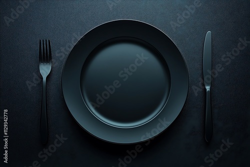 Minimalist Black Plate Setting with Fork and Knife on a Dark Background