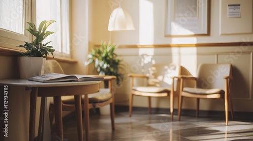 Wallpaper Mural Inviting Waiting Room with Natural Light and Warm Wooden Furniture Torontodigital.ca