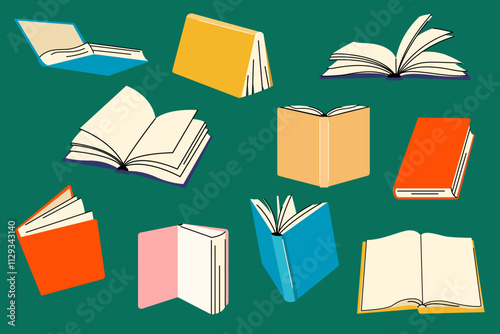 Colorful Set of Open and Closed Book, stickers collection, clip art. Educational theme, scientific and fiction literature. Vector illustration