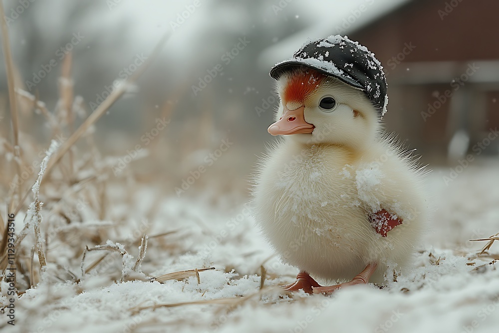 Obraz premium A small white duckling wearing a hat in the snow
