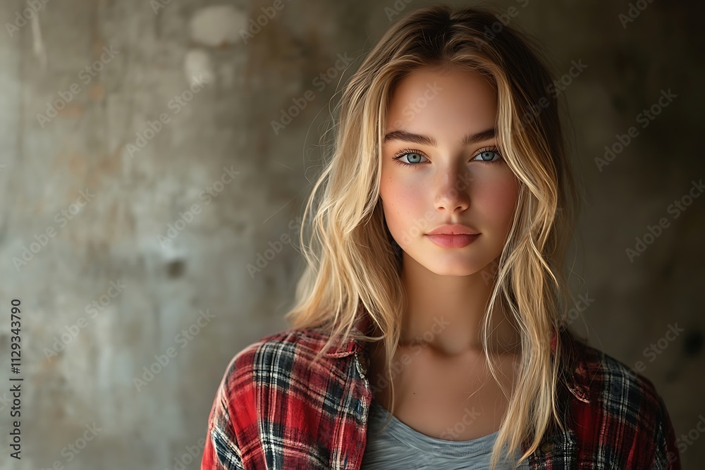 Naklejka premium Freckled Model Portrait Natural Light Simple Background