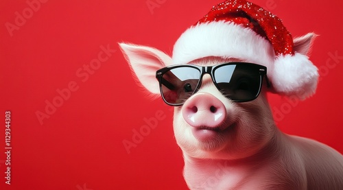 Un cochon drôle portant un bonnet de Père Noël et des lunettes de soleil, isolé sur un fond rouge, concept pour repas de Noël et du nouvel an, image avec espace pour texte.