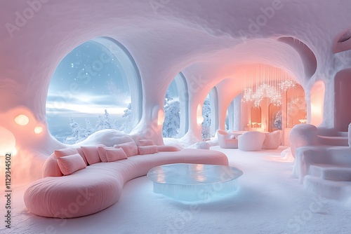 A luxurious ice hotel suite with pink furniture, glowing ice table, and stunning snowy views.