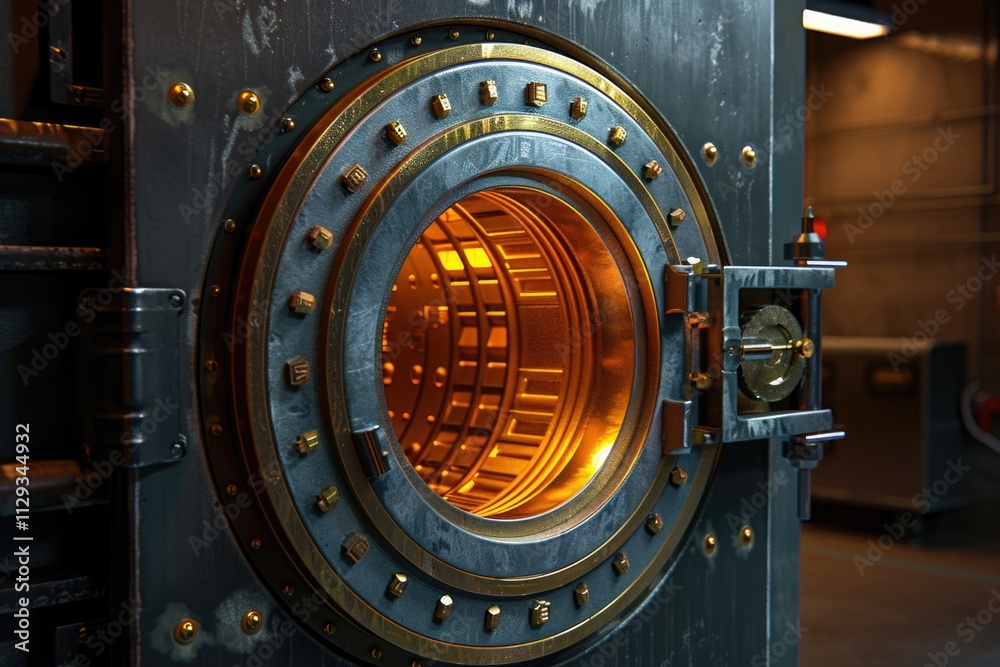 A close-up of a large metal door with a round window, often used for decorative or security purposes A close-up of a large metal door with a round window, often used for decorative or security purposes