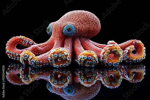 A vibrant, textured 3D octopus with intricate details, reflected on a dark, glossy surface. photo