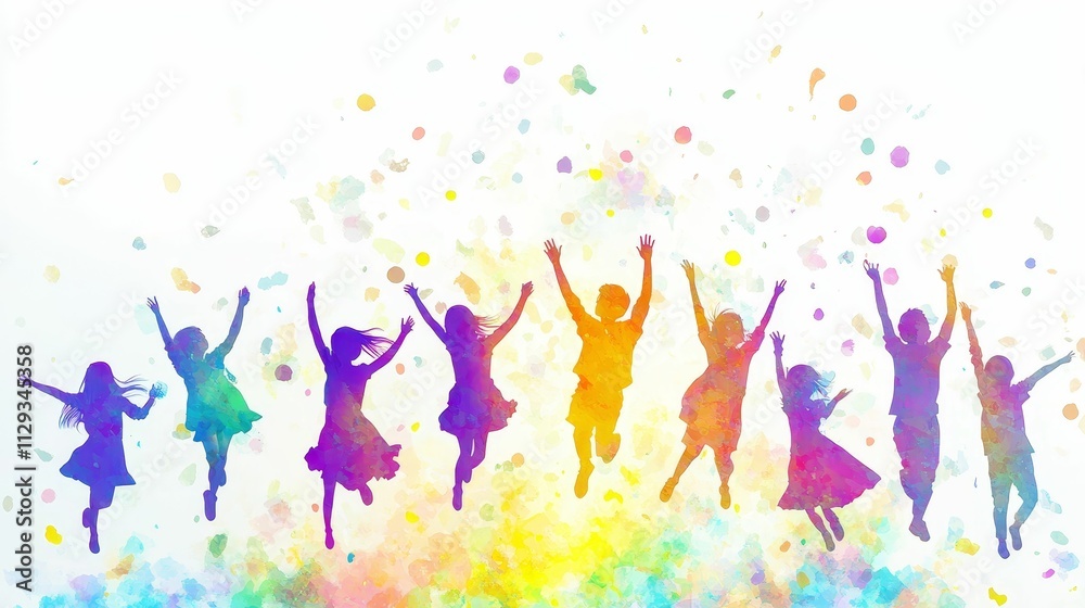 Joyful children leap, colorful confetti bursts. Joyful children leap, colorful confetti bursts.