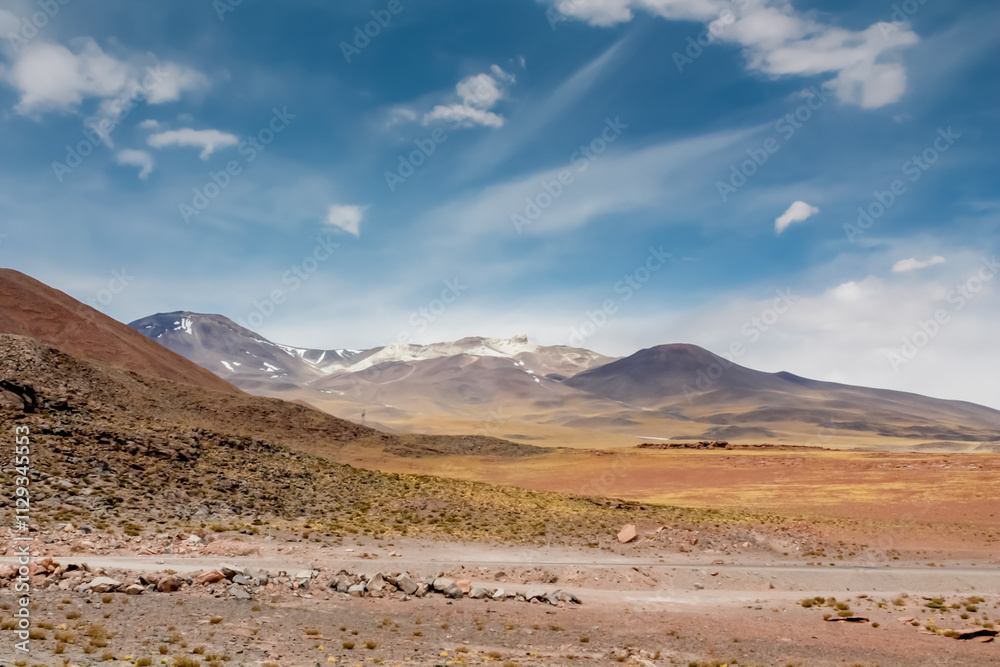 Salt flats and volcano mountains on altiplano high altitude plains in Chile. Atacama desert landscape. Salt lakes in San Pedro de Atacama altiplano landscape at Piedras Rojas natural reserve Salt flats and volcano mountains on altiplano high altitude plains in Chile. Atacama desert landscape. Salt lakes in San Pedro de Atacama altiplano landscape at Piedras Rojas natural reserve