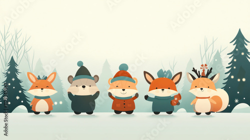 the cartoon animation of the animals in the snow forest wearing winter red sweater and christmas festive  vibe
