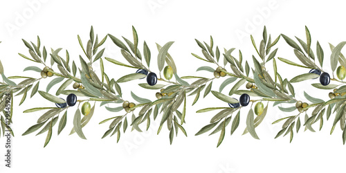 Olive branch seamless border. Hand drawn watercolor illustration. Green and black olive berries, leaves and twigs. photo