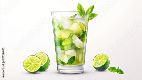 A refreshing mint and lime beverage served in a highball glass filled with ice.