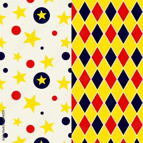 Seamless patterns with circus or carnival theme, with stars, ball, colorful rhombuses like harlequin wallpaper.