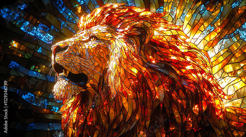 Bold Stained Glass Depiction of Roaring Lion with Fiery Mane and Golden Sunlight Rays