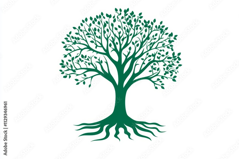 Fototapeta premium Lush green tree with detailed roots and leaves on white background.