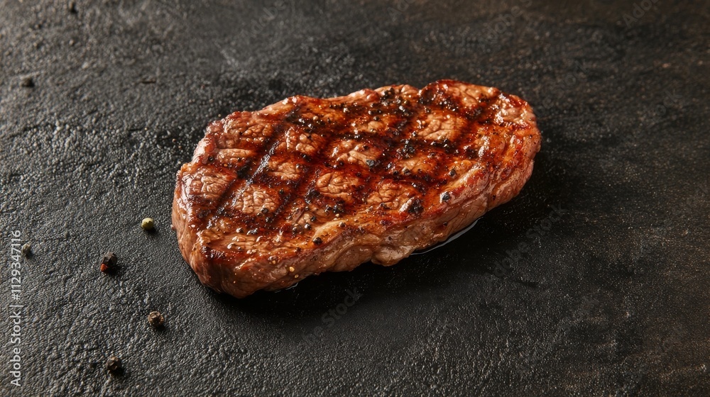 Grilled beef steak with seasoning (meat cutlet). Top view, copy area.