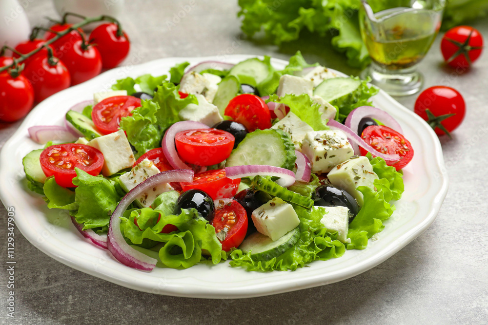 Delicious salad with feta cheese on gray textured table, closeup Delicious salad with feta cheese on gray textured table, closeup