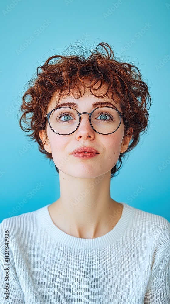 Surprised young woman with curly hair and glasses expressing amazement against a bright blue background Surprised young woman with curly hair and glasses expressing amazement against a bright blue background