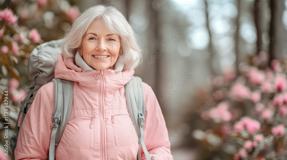 custom made wallpaper toronto digitalElderly woman in winter hat and jacket in the forest with a backpack, pastel pink and gray tones
