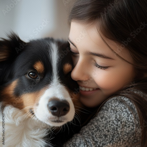 A young girl embracing her pet with love and a gentle smile