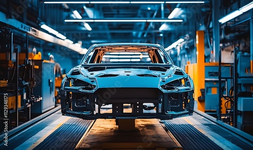 Image showing a modern car assembly line with robotic arms and bright lighting, emphasizing the advanced automation and efficiency