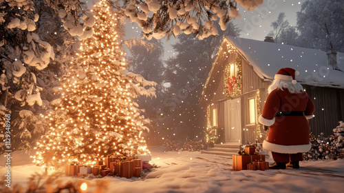 Santa Claus stands in snowy forest, placing gifts under glowing Christmas tree near warmly lit cabin, creating magical holiday atmosphere