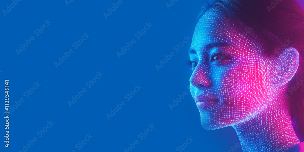 Close-up of a woman with glowing digital facial recognition grid in blue and pink futuristic tones, copy space Close-up of a woman with glowing digital facial recognition grid in blue and pink futuristic tones, copy space