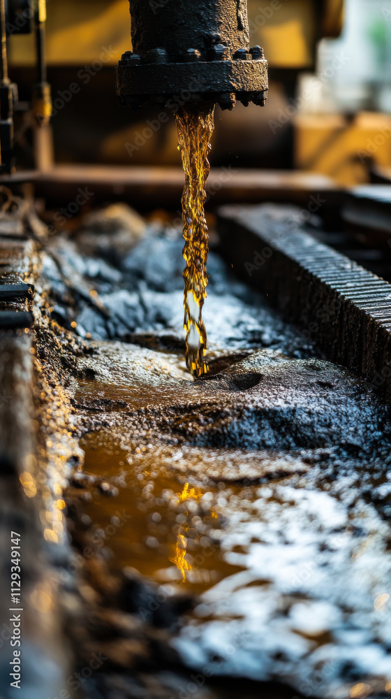 Liquid gold flows from processing equipment in an industrial setting showcasing extraction techniques Liquid gold flows from processing equipment in an industrial setting showcasing extraction techniques