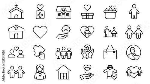 Charity and Volunteering related icon editable stroke outline  set of different types small icons isolated on white background flat vector illustration