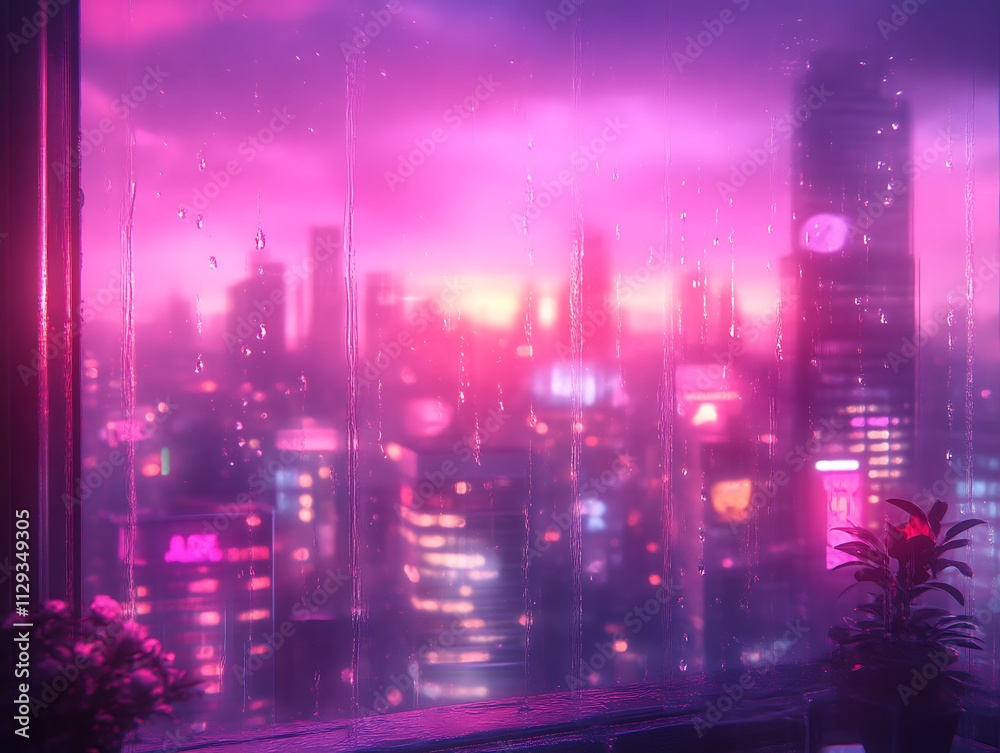 Rain Streaked Window Cityscape Night View Rain Streaked Window Cityscape Night View
