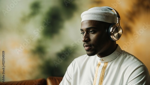 Portrait of African American  man listening to music in headphones photo