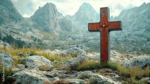 A single red cross emblem on a rocky outcropping against a mountainous backdrop