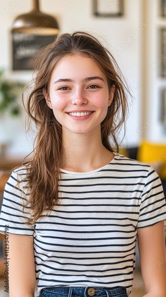Smiling young woman in a casual striped shirt enjoys her time in a cozy café setting during a sunny afternoon Smiling young woman in a casual striped shirt enjoys her time in a cozy café setting during a sunny afternoon