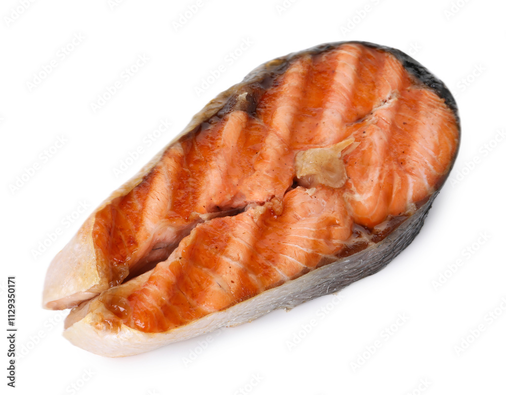 Tasty grilled salmon steak isolated on white, above view Tasty grilled salmon steak isolated on white, above view