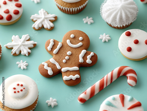 the illustration of the christmas gingerbread cookies, cupcake , magaron  and candies on plain blue background  photo