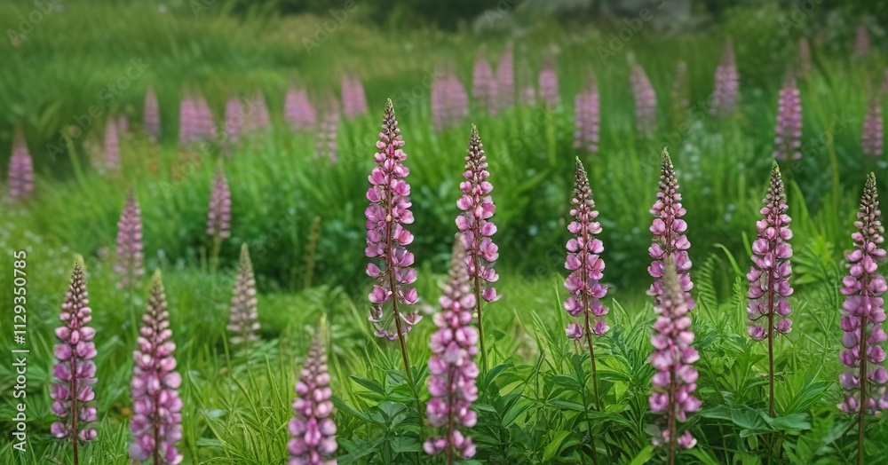 A single pink lupin lupinus flower blooms above the emerald green grass, botanical image , spring blossom A single pink lupin lupinus flower blooms above the emerald green grass, botanical image , spring blossom