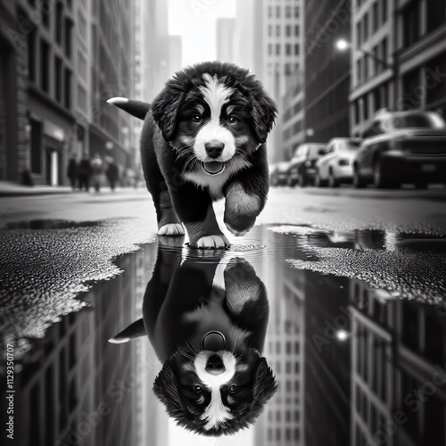 Bernese Mountain Dog Walking Through Puddles