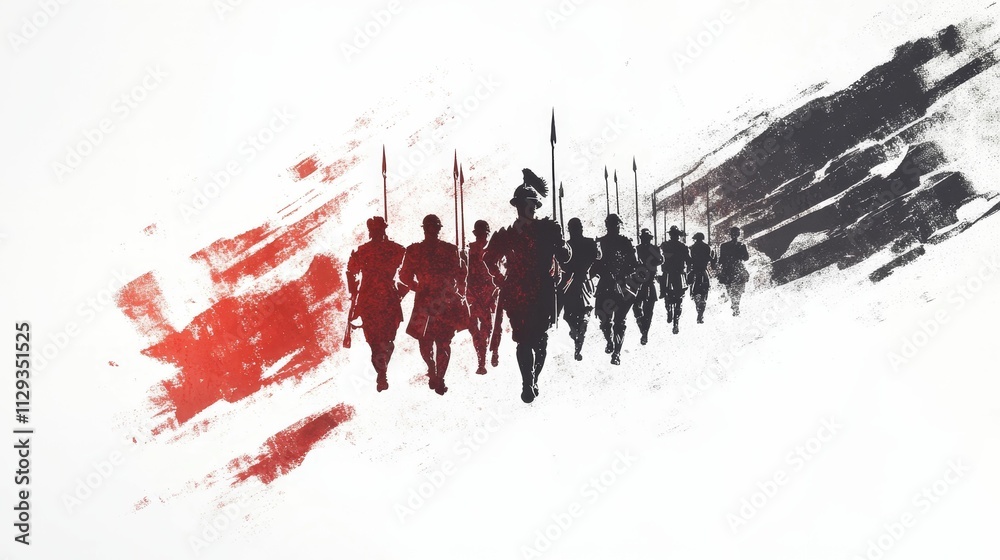 Silhouetted soldiers march, red and black paint splatter. Silhouetted soldiers march, red and black paint splatter.