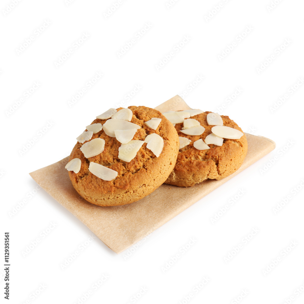 Tasty cookies with almond flakes isolated on white Tasty cookies with almond flakes isolated on white