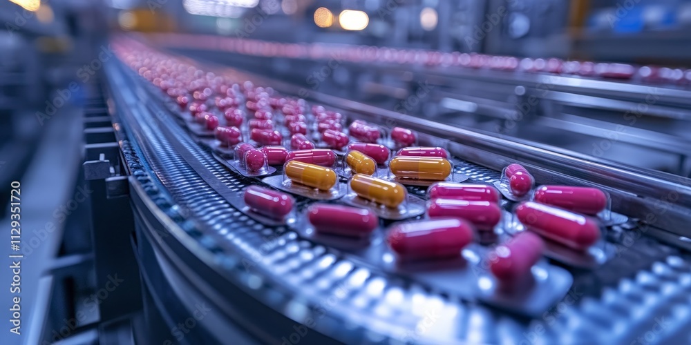 Pharmaceutical capsules on production conveyor Pharmaceutical capsules on production conveyor