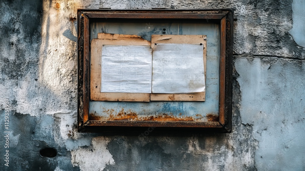 A detailed shot of an abandoned, broken public notice board with faded papers and rusted frame, Symbolizing decline in community communication and public information access A detailed shot of an abandoned, broken public notice board with faded papers and rusted frame, Symbolizing decline in community communication and public information access