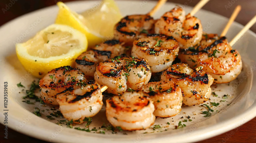 A plate of grilled shrimp skewers served with a side of lemon wedges and a sprinkle of fresh herbs. A plate of grilled shrimp skewers served with a side of lemon wedges and a sprinkle of fresh herbs.