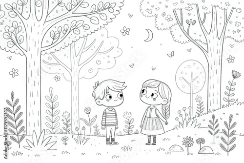 coloring page boy and girl in the forest